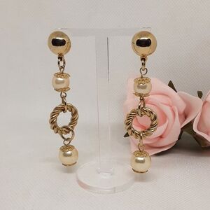 Long Vintage Dangle Earrings Gold Tone Faux Pearl Pierced Beaded 3"